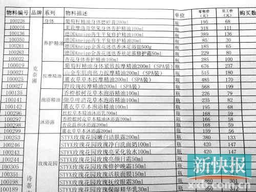 ■奈瑞儿给内部员工的产品单，上面显示，员工价是零售价的3.5折。新快报记者夏世焱/摄